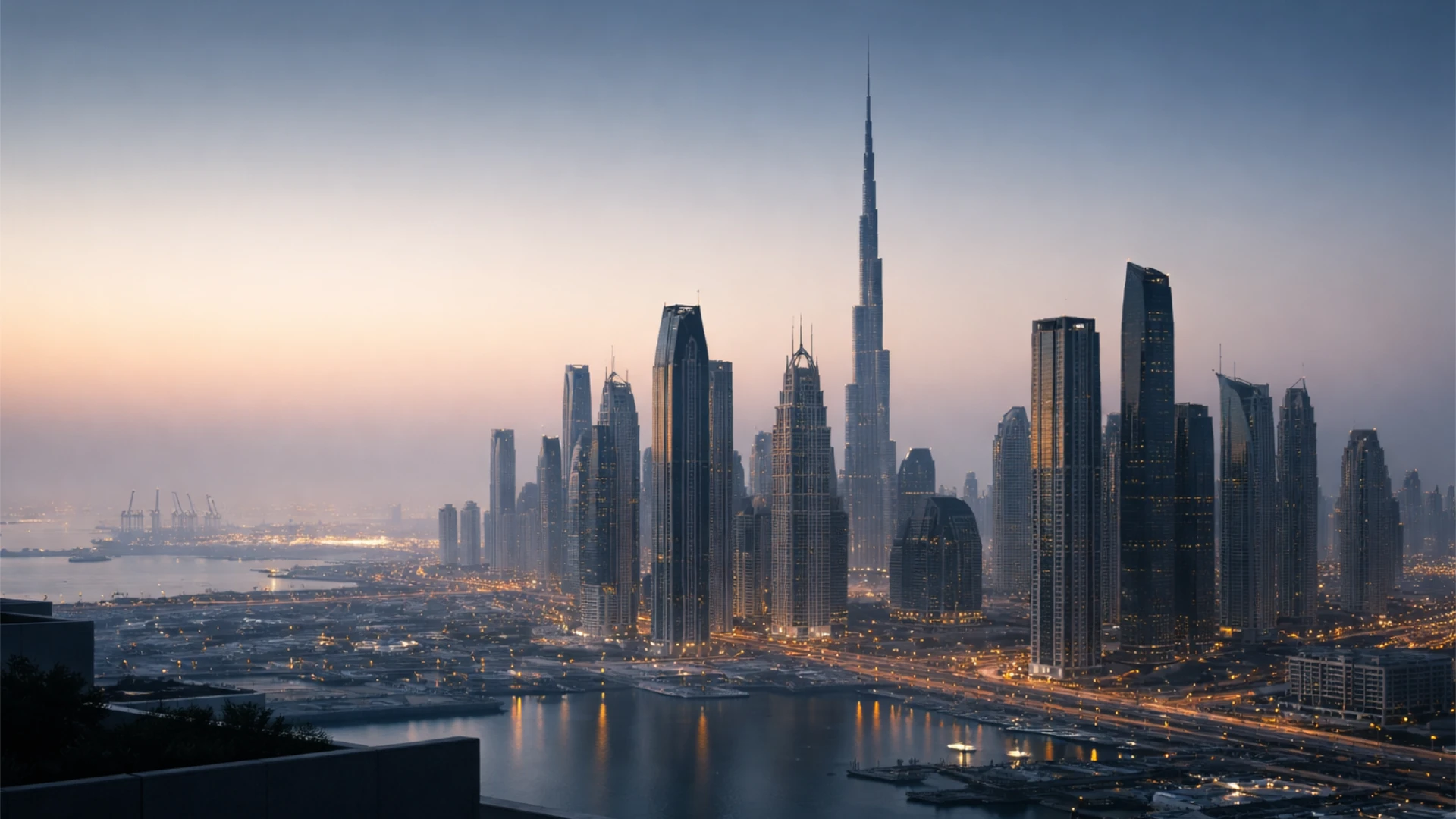 Dubai skyline with the Burj Khalifa at sunset