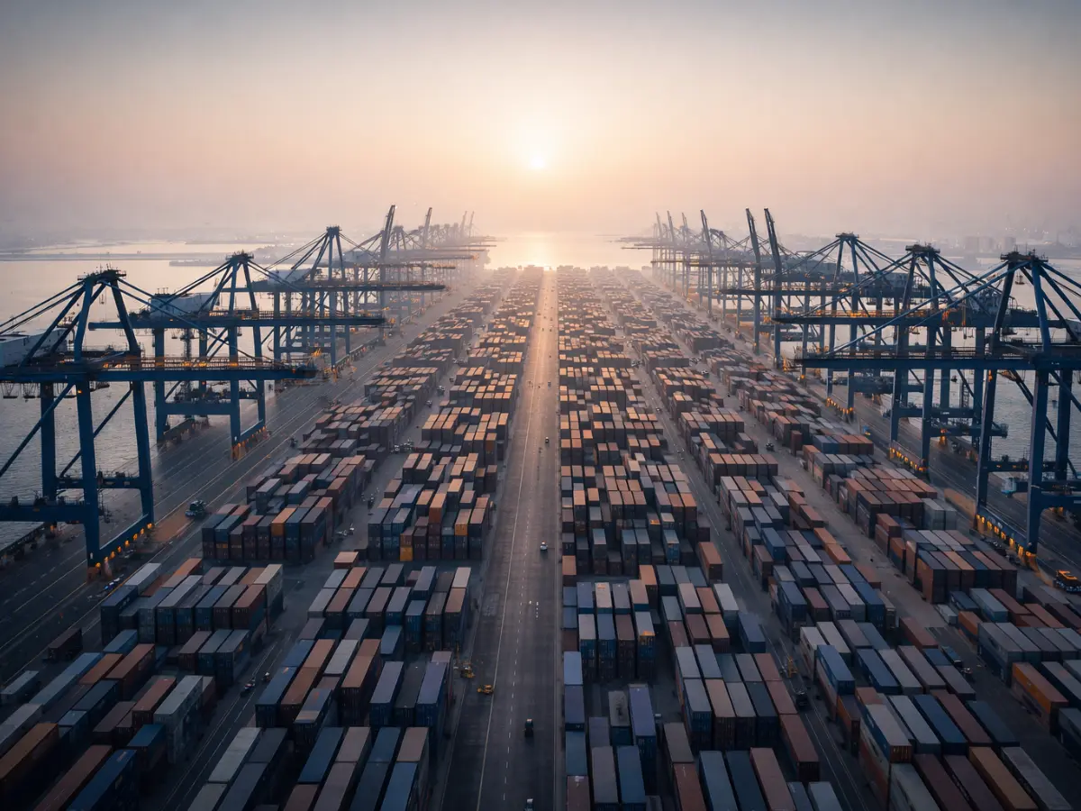 Shipping containers stacked at a logistics terminal