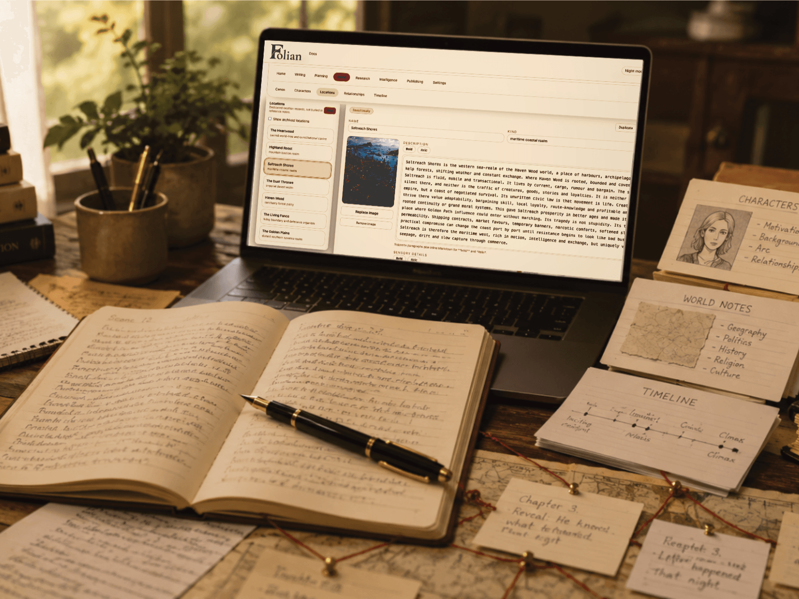 Folian writing workspace showing worldbuilding and location records on a laptop beside manuscript notes, character cards and a story timeline.